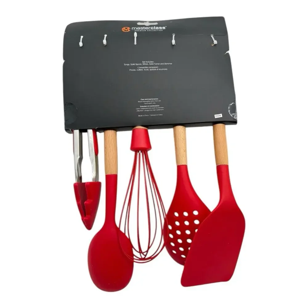 Non-Stick Silicone Kitchen Utensils 5 Pc Set Beech Wood Handle Red Christmas New